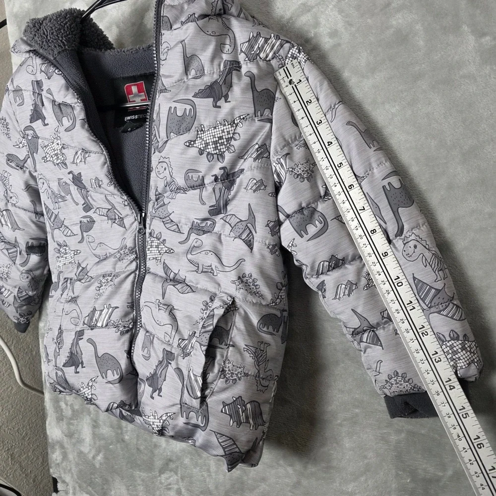 Kids SwissTech Dinosaur Puffer Jacket Hooded‎ Sherpa Lined Gray 5T